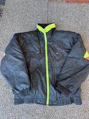 Vintage Womens Black Jacket with Neon Green Trim - Lightweight Puffer